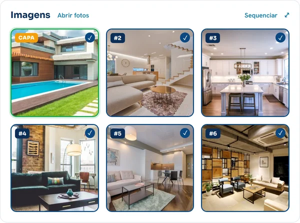 Painel de imagens do Imobip com seis fotos do im&oacute;vel selecionadas, a primeira marcada como capa